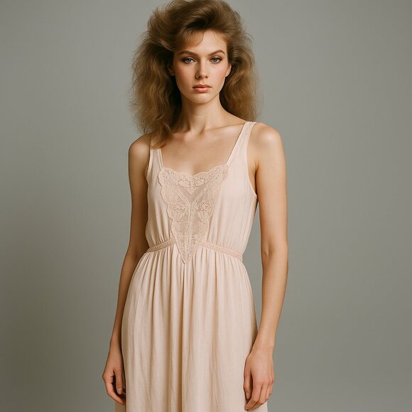 Linda Retro 80s Pale Pink Lace Nightgown Large Vintage Lingerie Slip Dress Rare - Picture 1 of 9